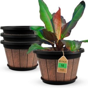 Large 4 Pack 16 inch Plant Pots,Whiskey Barrel Planters with Drainage Holes & Saucer